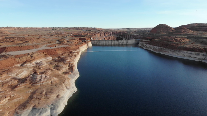 Red rock desert dam lake aerial landscape travelling