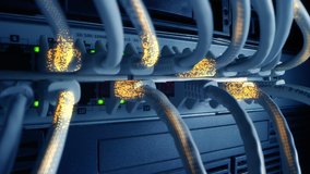 Ethernet Cables Connected to Modem with Digital Binary Code Streaming Information and Data. Concept: Digitalization and Visualization of Telecommunications. Macro Shot, Yellow Special Effects - Powered by Shutterstock - Get 15% off with code: PIKWIZARD15