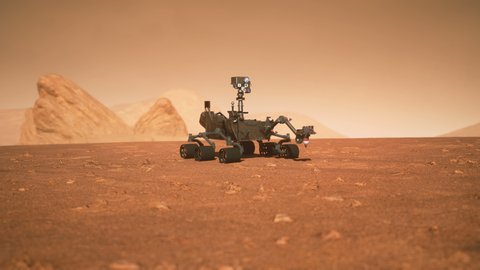 A Rover during a dust storm on the red planet. Highly detailed 3D animation of the Curiosity Rover on Mars.