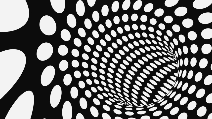 Black and white psychedelic optical illusion. Abstract hypnotic animated background. Polka dot geometric looping monochrome wallpaper. Surreal spotted dynamic backdrop. 3D seamless full HD animation