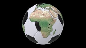 Realistic soccer ball isolated on black screen. 3d seamless looping animation. Detailed world map on black and white soccer ball. Concept football earth globe. Sport design element.
