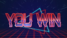 Animation of the words You Win written in red capital letters filled with lilac and orange on blue and red triangles over a moving red grid with a dark blue starry night sky background - Powered by Shutterstock - Get 15% off with code: PIKWIZARD15