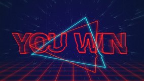 Animation of the words You Win written in red capital letters on blue and red triangles over a moving red grid with a dark blue starry night sky background - Powered by Shutterstock - Get 15% off with code: PIKWIZARD15