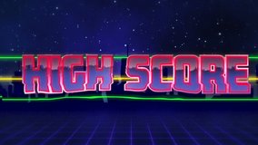 Animation of the words High Score written in red capital letters filled with lilac and white on green and yellow horizontal lines over a moving purple grid with a dark blue starry night sky background - Powered by Shutterstock - Get 15% off with code: PIKWIZARD15