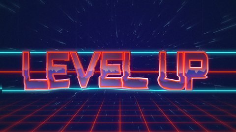 Animation of the words Level Up written in red capital letters filled with lilac and orange on blue and red horizontal lines over a moving red grid with a dark blue starry night sky background