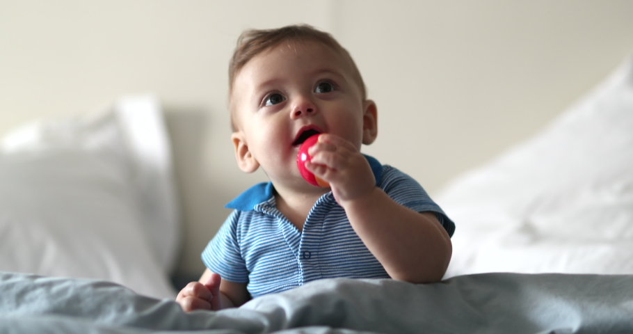Happy cute baby infant toddler smiling and putting object ball in mouth | Shutterstock HD Video #1042640965