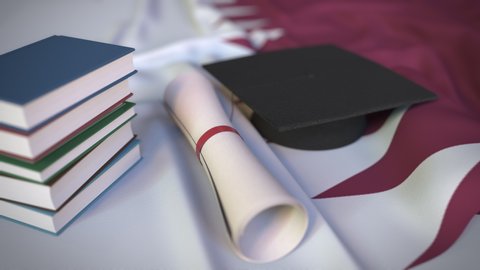 Graduation cap, books and diploma on the Qatari flag. Higher education in Qatar related conceptual 3D animation