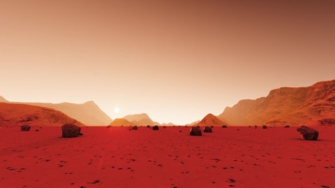 Mars surface on dark background. Desert, sand. Alien landscape. Planet earth. Red planet mars. 4k