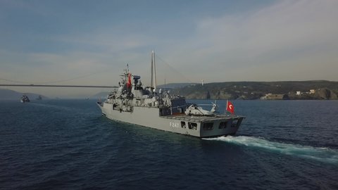 ISTANBUL - CIRCA 2019: Turkish Navy Frigate F-247 TCG Kemalreis. Turkish Navy organised a Naval Parade in Bosphorus Strait to commemorate the victory over the allied armada 100 years ago
