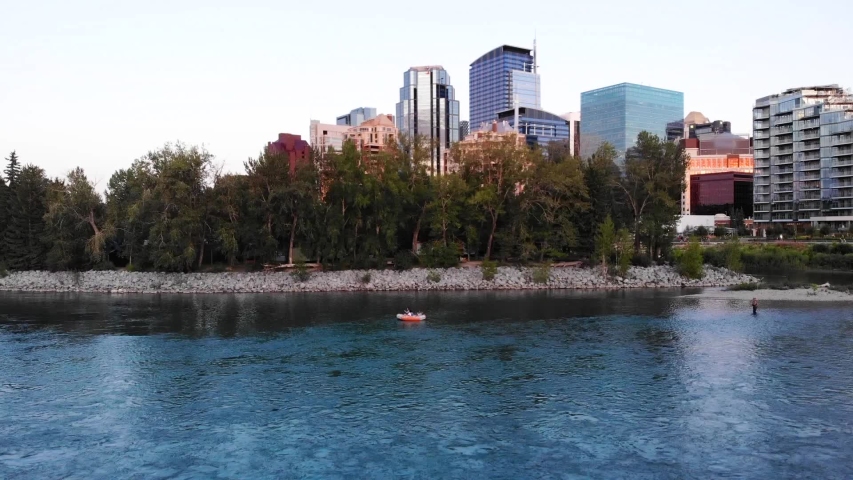 Aerial view of the city in sunset, Bow River, park, Calgary Alberta Canada, 