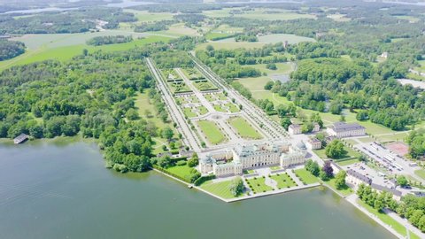 Stockholm, Sweden - June 23, 2019: Drottningholm. Drottningholms Slott. Well-preserved royal residence with a Chinese pavilion, theater and gardens, Aerial View, Point of interest