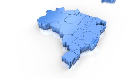 Map of Brazil blue. Formed by individual states falling from top to bottom on white. Animation with alpha channel