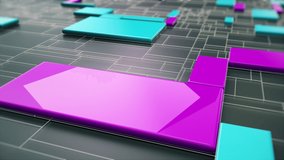 Modular topology style closeup scene. Moving polygons of pink and cyan colors. Cells are shrinking and expanding in a seamless loop. 3D rendered 4k video.