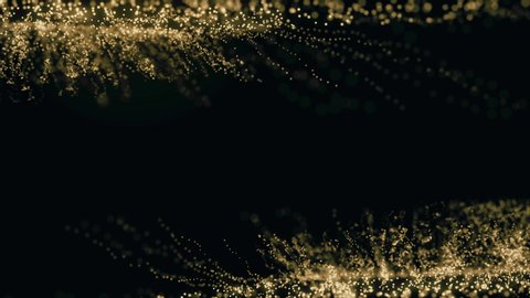 Golden glitter sparcle flying on dark background with alpha channel. Holidays 4k motion graphic for composting with copy space on cener.