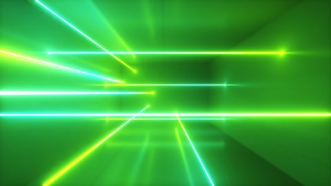 Abstract background, moving neon rays, luminous lines inside the room, fluorescent ultraviolet light, blue green spectrum, loop, seamless loop 3d render