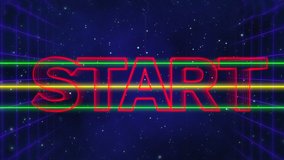 Animation of the word Start written in red capital letters on green and yellow horizontal lines over a moving purple grid with a dark blue starry night sky background - Powered by Shutterstock - Get 15% off with code: PIKWIZARD15