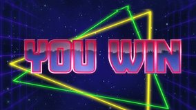 Animation of the words You Win written in red capital letters filled with lilac and white on green and yellow triangles over a moving purple grid with a dark blue starry night sky background - Powered by Shutterstock - Get 15% off with code: PIKWIZARD15