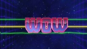 Animation of the word Wow written in red capital letters filled with lilac and white on green and yellow horizontal lines over a moving purple grid with a dark blue starry night sky background - Powered by Shutterstock - Get 15% off with code: PIKWIZARD15