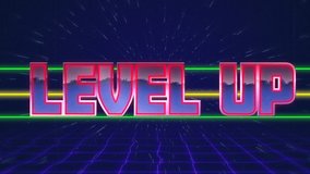 Animation of the words Level Up written in red capital letters filled with lilac and white on green and yellow horizontal lines over a moving purple grid with a dark blue starry night sky background - Powered by Shutterstock - Get 15% off with code: PIKWIZARD15