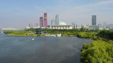 Yeouido island, business and financial center of Seoul, South Korea aerial shot