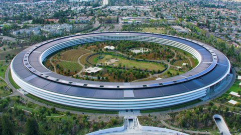 Cupertino, California, US. Circa 2019. Aerial view of the Apple Park. This is the corporate headquarter of Apple Inc. It was designed by Norman Foster and nicknamed The Spaceship. Shot on Red 8K.