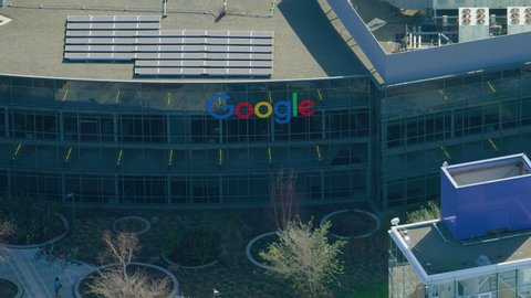  
Mountain View, California, US. Circa 2019.  Aerial view of Googleplex the corporate headquarters of Google and Alphabet Inc. Google is a technology company providing Internet services and products.