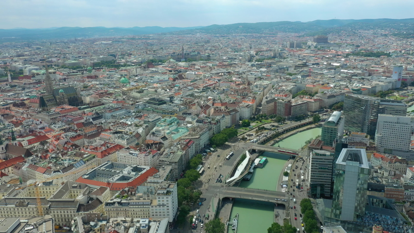 vienna city center famous riverside area sunny day aerial panorama 4k austria