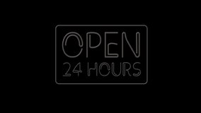 Open 24 7 Hours Neon Light on black. 24 Hours Night Club Bar Blinking Neon Sign. Motion Animation. Video available in 4K FullHD and HD render footage