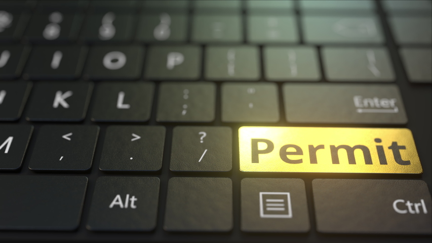 Black computer keyboard and gold permit key. Conceptual 3D animation