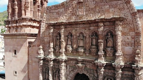 Zacatecas Mexico, 03/12/2019. Detailed view of the facade of the cathedral of Zacatecas its baroque style originated in the vice royalty of XVIII century. Made in UNESCO heritage pink quarry.