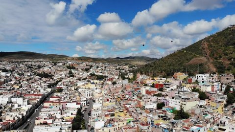 Zacatecas Mexico, 02/11/2019. Aerial video of the city of Zacatecas, the hill of La Bufa there is an attractive panoramic cable car that cannot be missed.