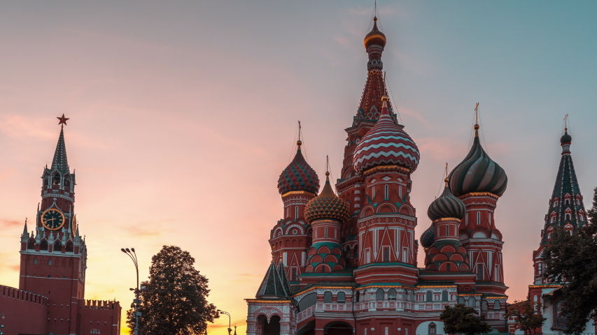 Time-lapse in motion (hyperlapse). Saint Basil Cathedral on Red Square at sunset day to night. One of popular landmark in Russia. The building is shaped as a flame of a bonfire rising into the sky.