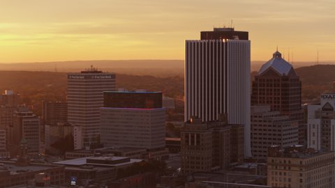 Rochester New York Aerial v30 Slow panning view of close up downtown skyline at sunrise - October 2017