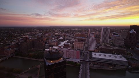 Rochester New York Aerial v25 Slowly panning around downtown cityscape at dawn sunrise close up to high rise skyline - October 2017