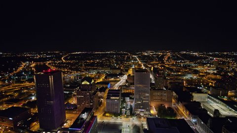 Rochester New York Aerial v10 Short reverse panning downtown cityscape view at night - October 2017