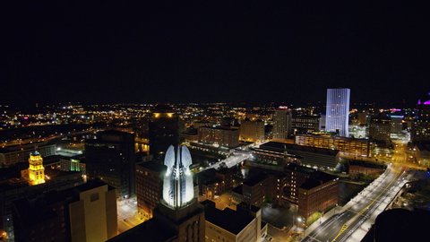 Rochester New York Aerial Counter clockwise panoramic nighttime cityscape view of downtown near Genesee River - October 2017