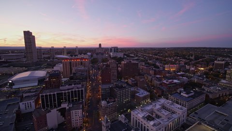 Albany New York Aerial Panning downtown and freeway cityscape views at dusk - October 2017