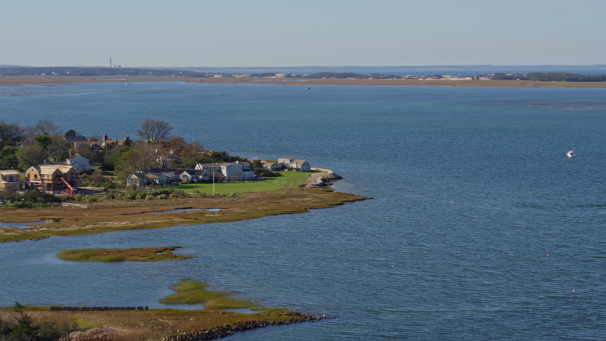 Cape Cod Massachusetts Aerial Panning to near birdseye view of Blish Point neighborhood - October 2017