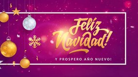 Feliz Navidad - Merry Christmas in spanish language purple flat looped video with decoration elements, snowflakes and calligraphy text