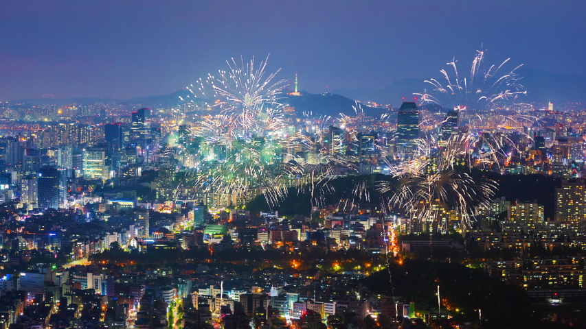 Seoul City Skyline with Fireworks,South Korea