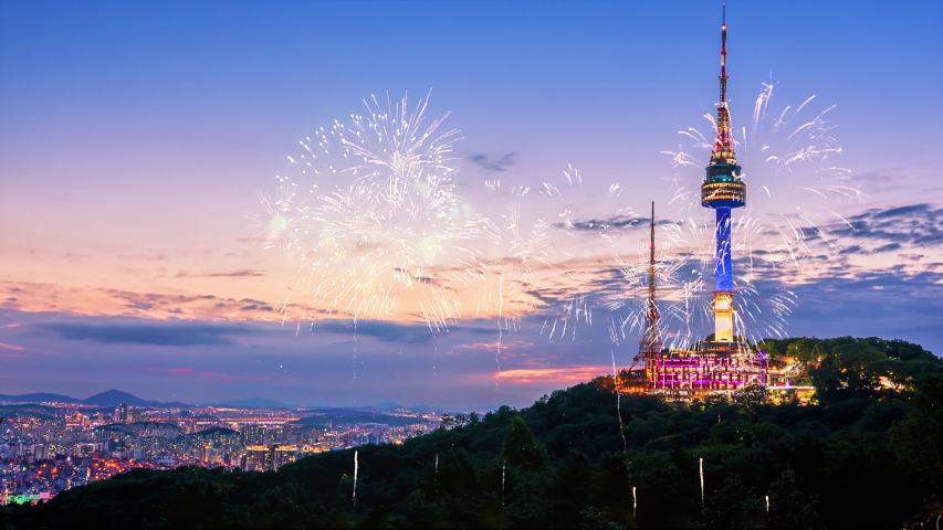 Seoul City Skyline with Fireworks,South Korea