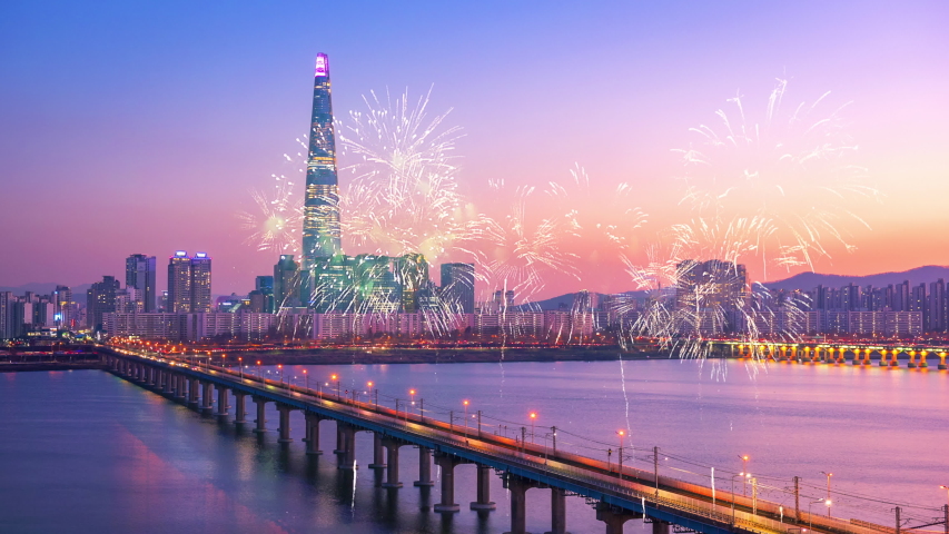 Seoul City Skyline with Fireworks,South Korea