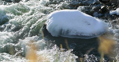 A closeup of a large rock covered in snow.  Located in Lake Creek, near Twin Lakes.
