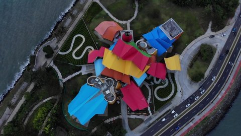Panama City / Panama - 06 01 2018: Aerial view of Frank Gehry's Biomuseo and Amador Causeway Panama City
