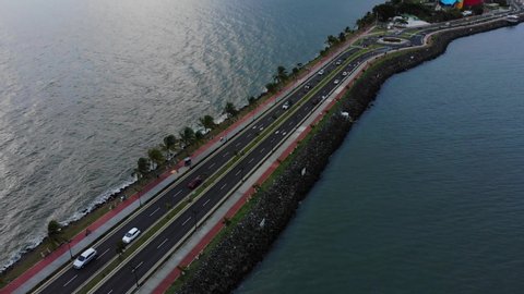 Panama City / Panama - 06 01 2018: Aerial view of Frank Gehry's Biomuseo and Amador Causeway Panama City