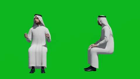 Arabic man in sitting pose , front view and side view, realistic 3D people rendering isolated on green screen.