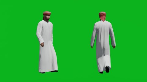 Arabic man walking in front view and back view, realistic 3D people rendering isolated on green screen.