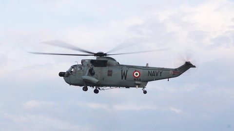 Indian Navy Westland Sea King Helicopter arriving for Indian Navy Day 2019 aerial display event rehearsal at Gateway of India, Mumbai. 