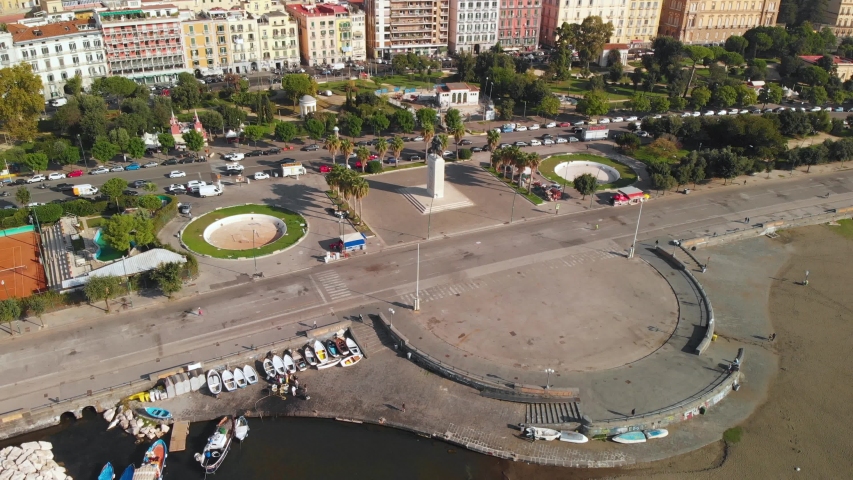 Waterfront Chiaia, Disctrict of Naples Italy With Armando Diaz Monument, Pull Back Aerial on Sunny Day