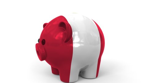 Coins fall into piggy bank painted with flag of Peru. National banking system or savings related conceptual 3D animation